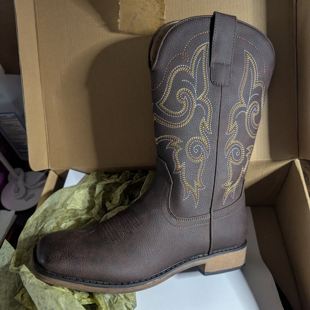 IUV Western Embroidered Mid Calf Pull On Fashion Cowgirl Boots with a Square Toe